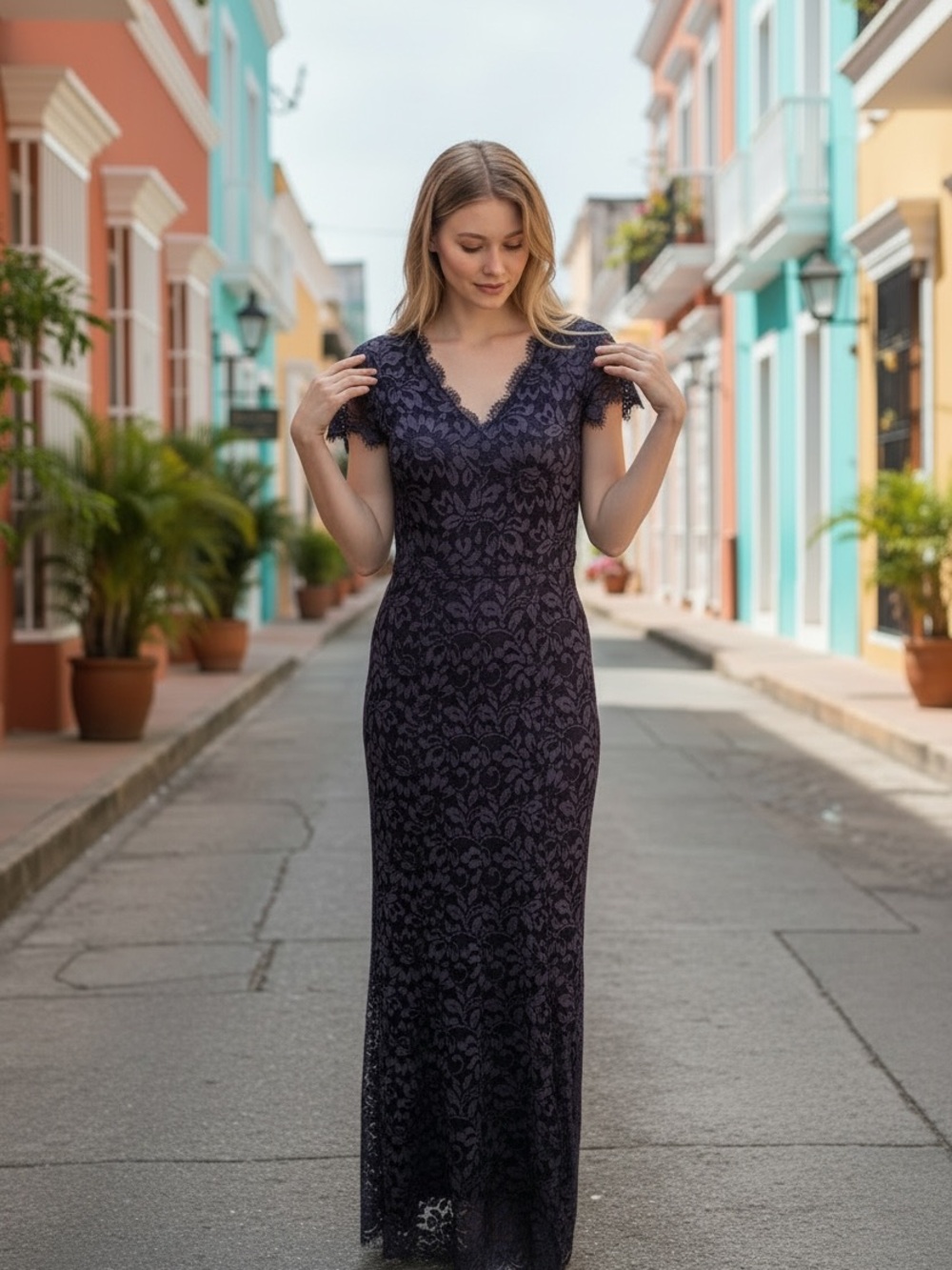 Eliza J Navy Lace Scalloped V-Neck Formal Long Dress